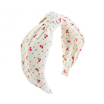 SWEET CHERRY KNOOP HAARBAND, witte haarband met kersen print, handgeknoopte haarband. www.littlelegends.nl