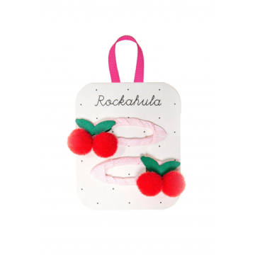 SWEET CHERRY POM POM CLIPS, kersen, roze met rode kersjes, haarclips, www.littlelegends.nl