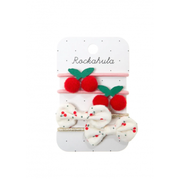 SWEET CHERRY ELASTIEKJES, kersjes, rode kersen met roze elastiekjes, witte strikjes, haar elastieken. www.littlelegends.nl