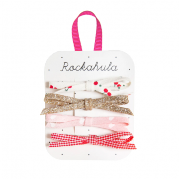 SWEET CHERRY SKINNY BOW CLIPS, kersen print, wit, goude glitters, roze met witte stippen, gingham rood, haarclipjes, www.littlelegends.nl