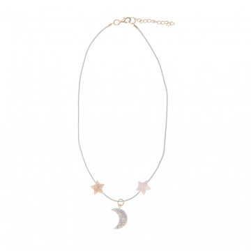 MOONLIGHT KETTING, maan met sterren ketting, glitters, goude sluiting, www.littlelegends.nl