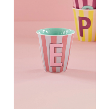 Rice melamine beker roze gestreept alfabet letter E