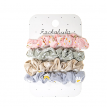 MEADOW SCRUNCHIE SET, roze, groen, blauw, bloemen en glitters scrunchies, haarelastiek, elastieken, www.littlelegends.nl