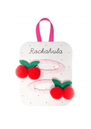 SWEET CHERRY POM POM CLIPS, kersen, roze met rode kersjes, haarclips, www.littlelegends.nl