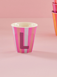 Rice melamine beker alfabet roze L gestreept